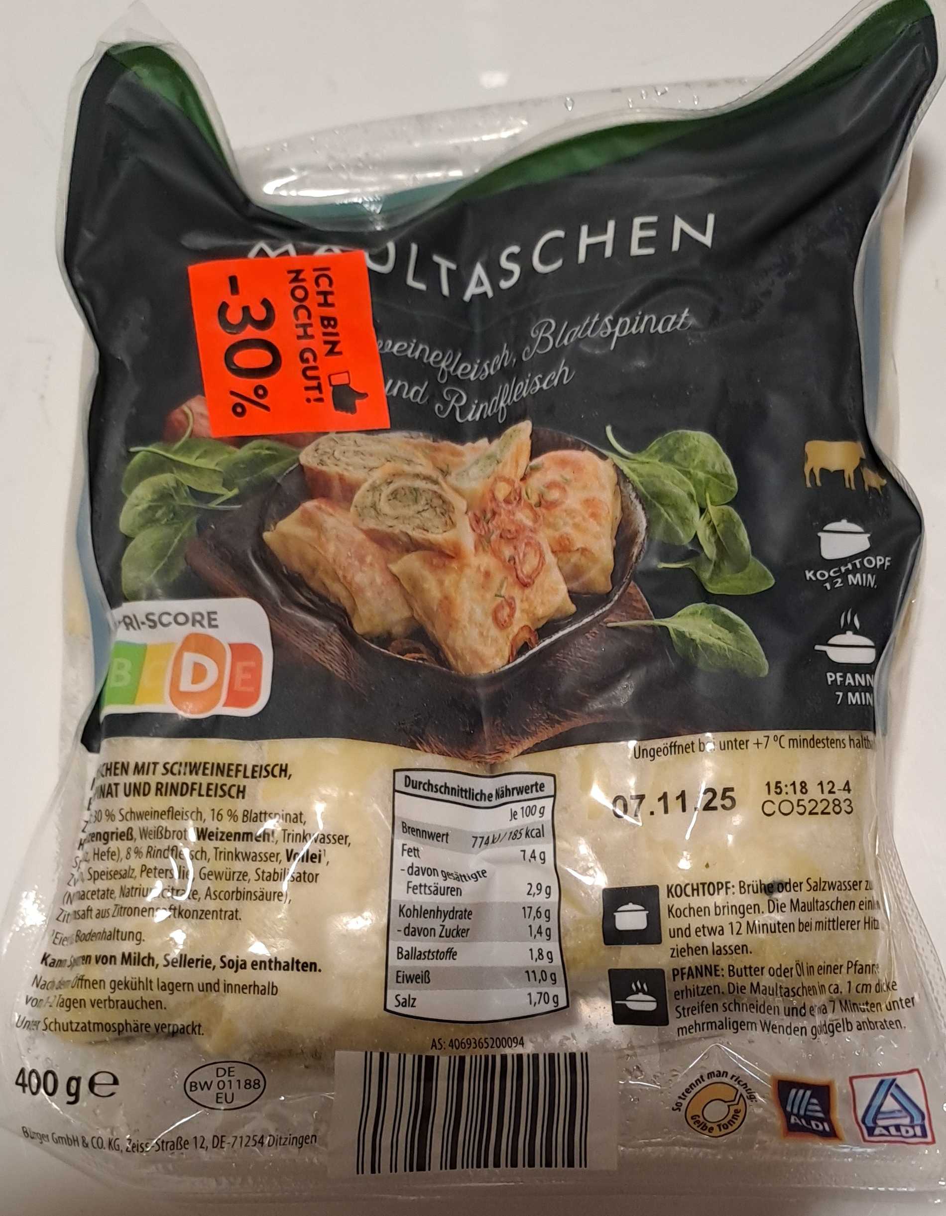 Maultaschen Rindfleisch und Blattspienat