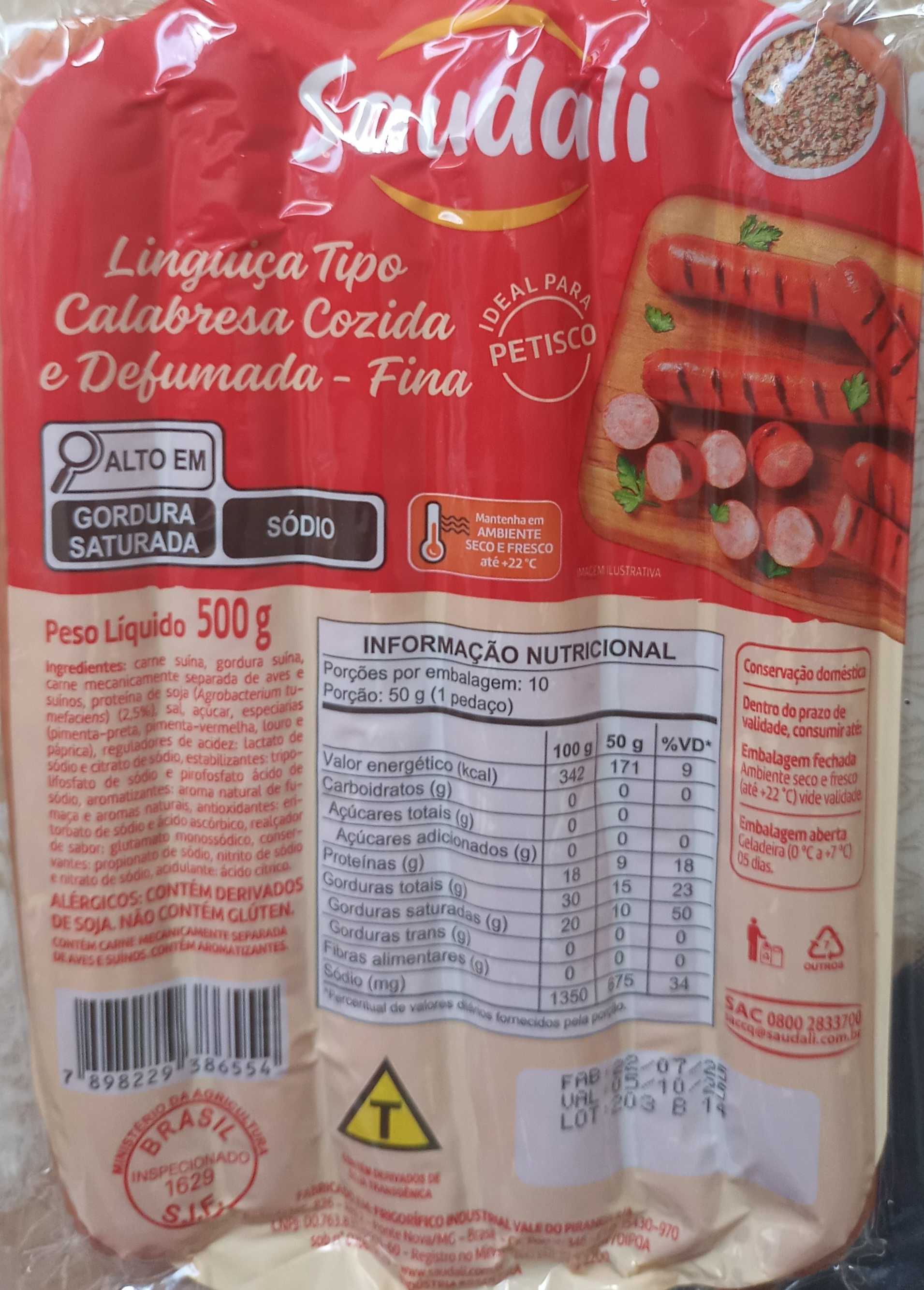 Linguiça Calabresa Cozida e Defumada - Fina